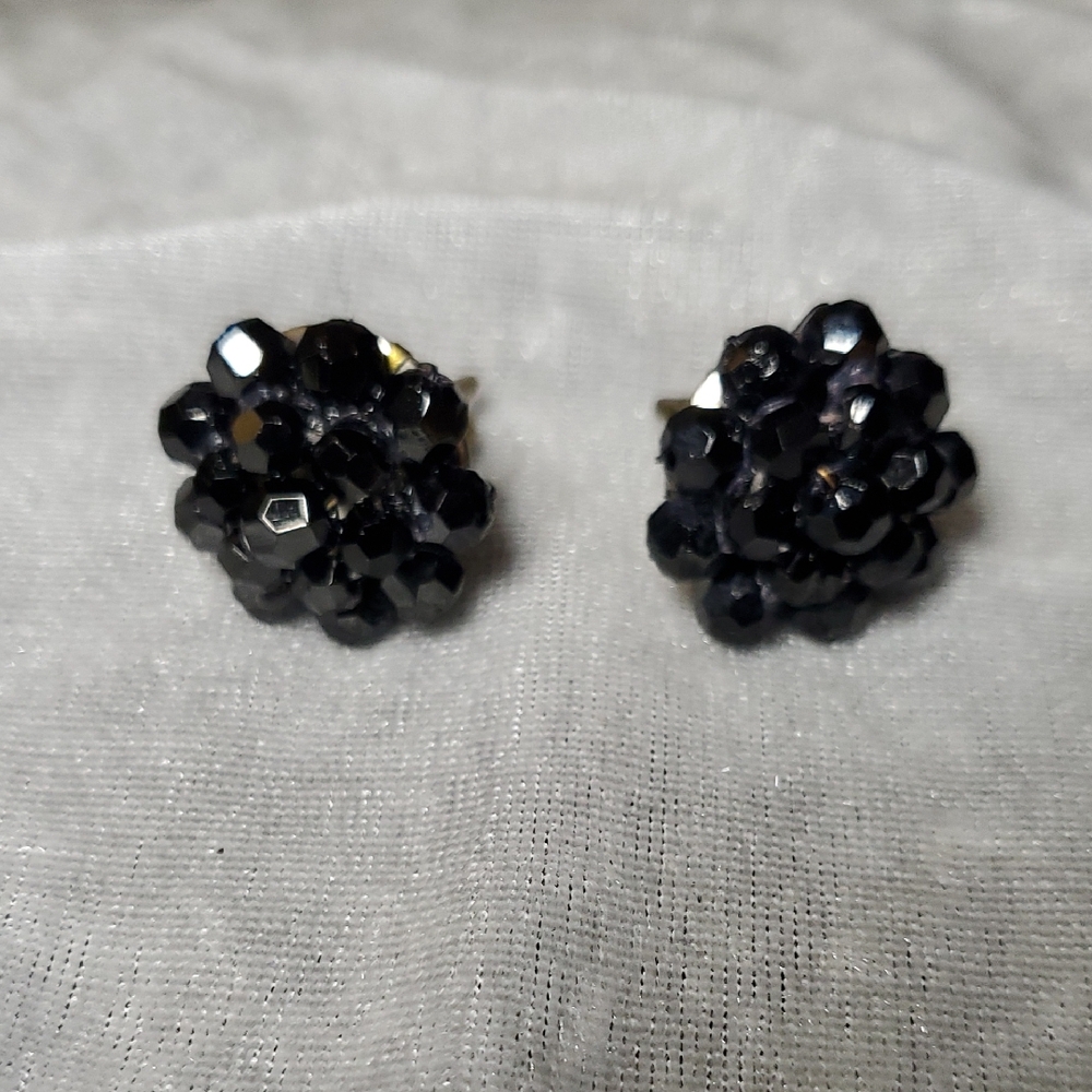 VINTAGE West Germany Clip On Earrings Black Glass Cluster Beads